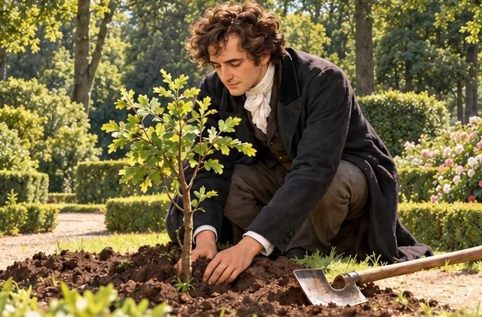 Homme plantant un jeune arbre dans un jardin.