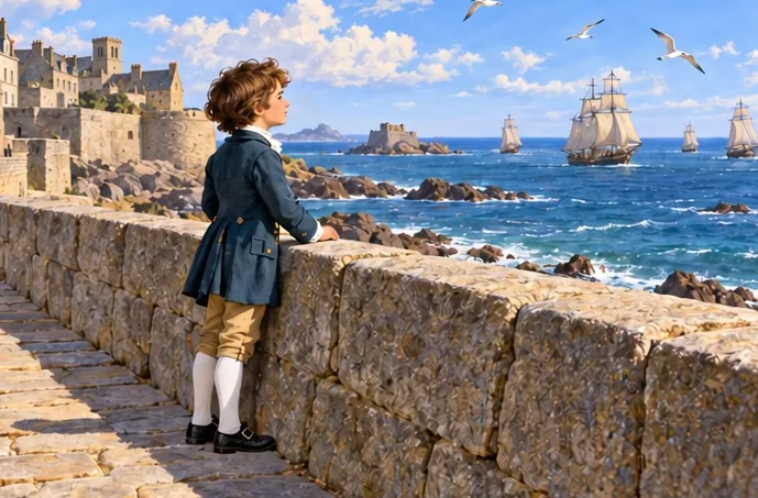 Jeune garçon en habit d’époque sur les remparts, face à la mer et à des voiliers.