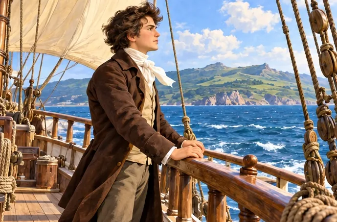 Jeune homme sur le pont d’un voilier, face à une côte.