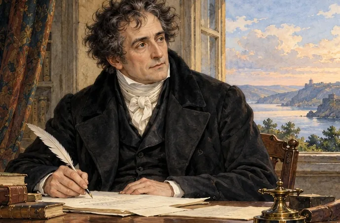 Écrivain à son bureau, plume à la main ; un château paraît à la fenêtre.
