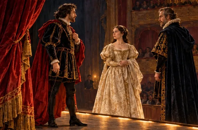 Scène de théâtre : acteurs en costumes sur une scène éclairée.
