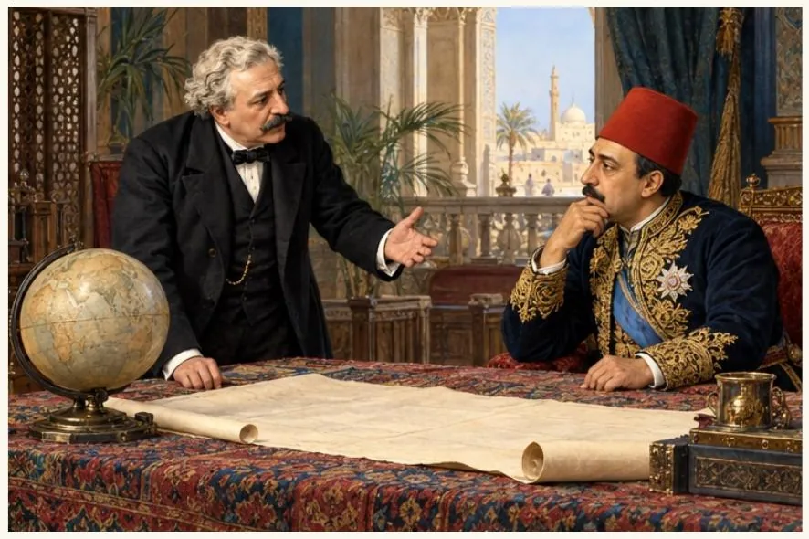 Lesseps présente le projet à Saïd, assis devant un globe et une carte.