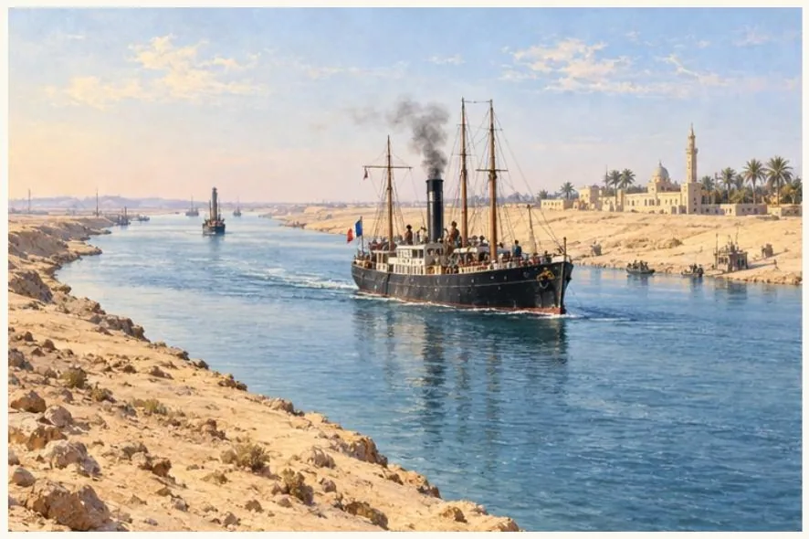 Un navire à vapeur emprunte le canal de Suez entre des berges désertiques.