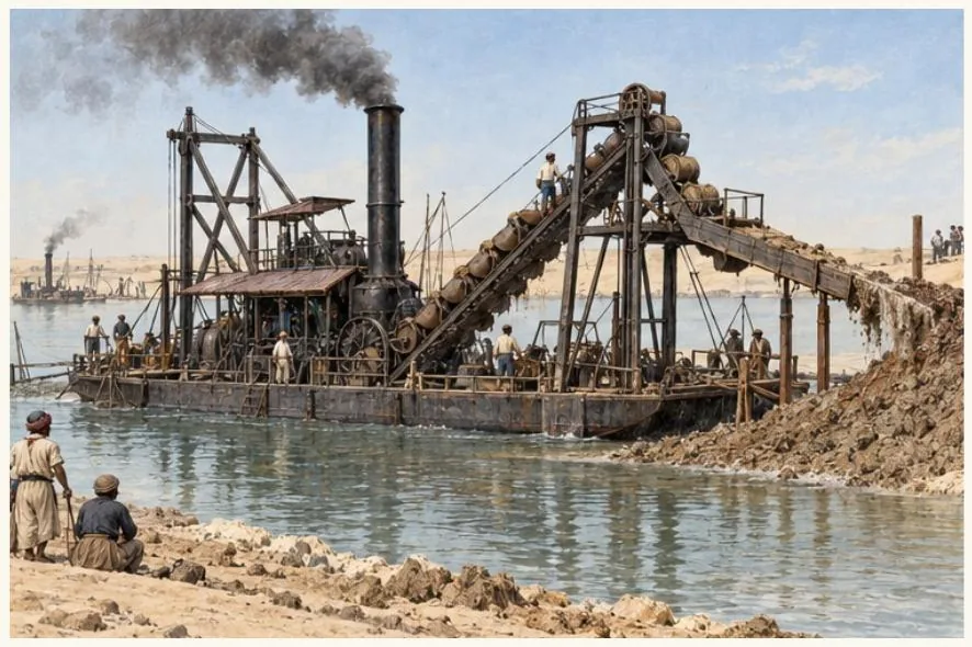 Une drague à godets remonte les matériaux et les évacue vers la rive.