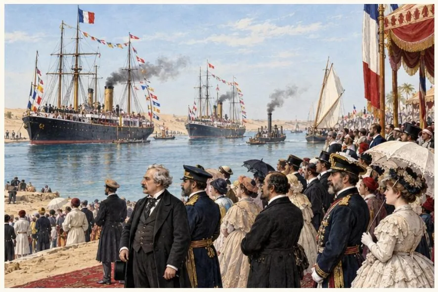 Des invités sur la rive regardent passer des navires du XIXe siècle.
