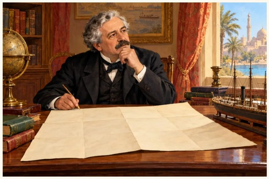 Ferdinand de Lesseps à son bureau, près d’un modèle de navire.