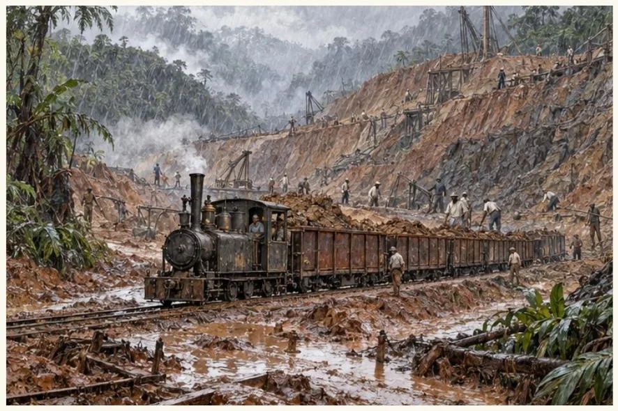 Le chantier inachevé de Panama, avec rails, terre et collines sous la pluie.
