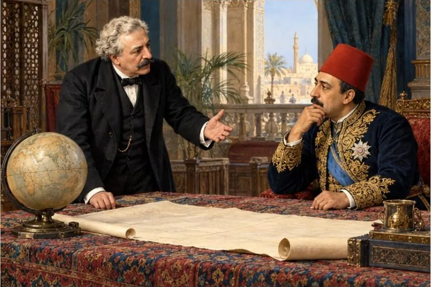 Lesseps présente le projet à Saïd, assis devant un globe et une carte.