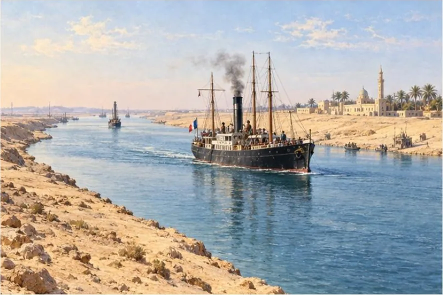 Un navire à vapeur emprunte le canal de Suez entre des berges désertiques.