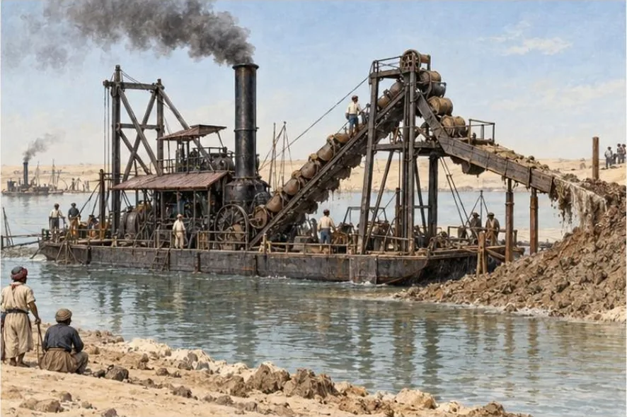 Une drague à godets remonte les matériaux et les évacue vers la rive.