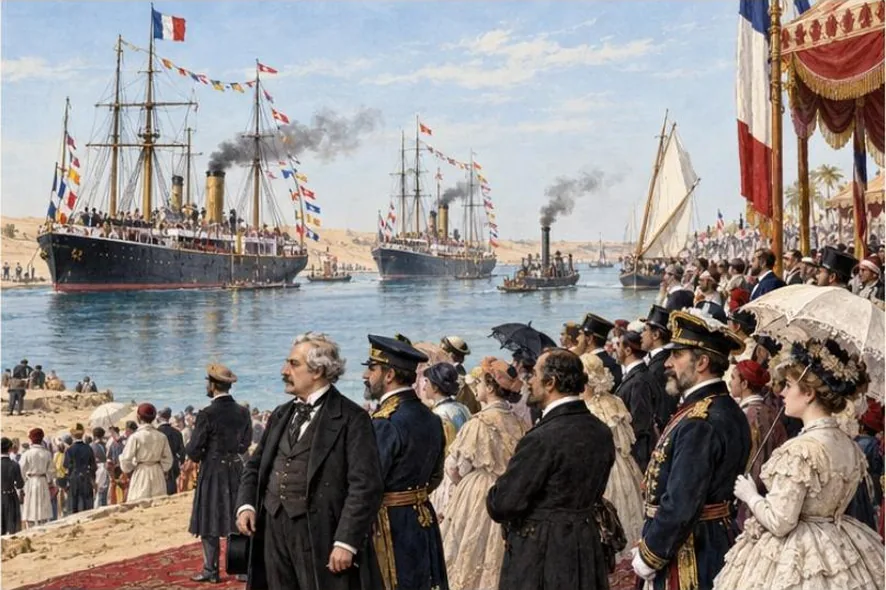 Des invités sur la rive regardent passer des navires du XIXe siècle.