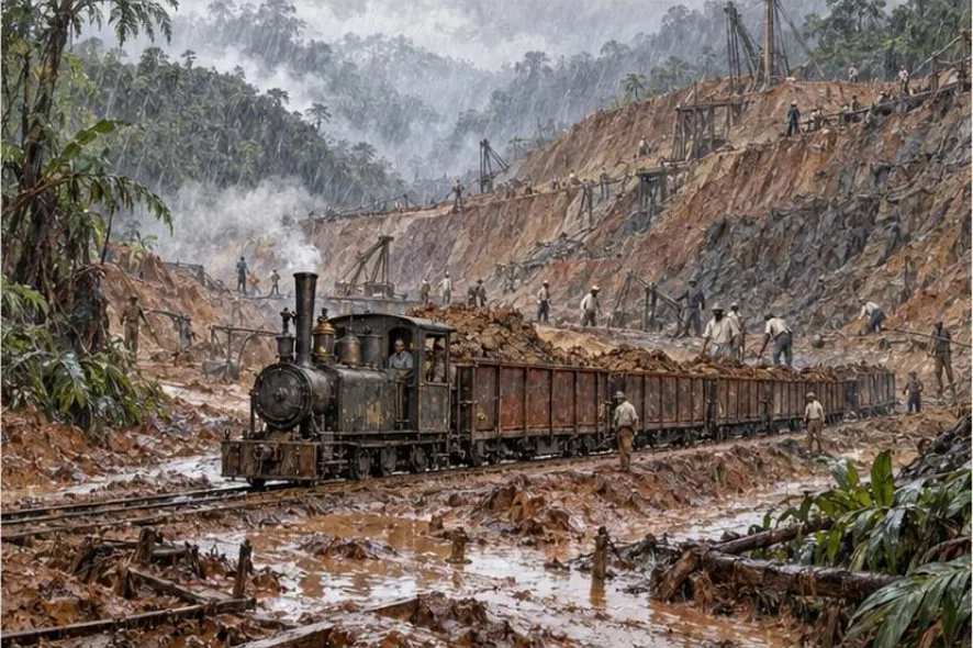 Le chantier inachevé de Panama, avec rails, terre et collines sous la pluie.