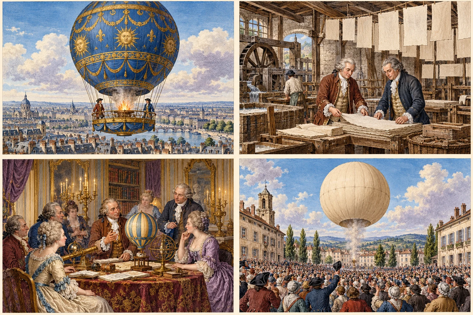 Deux aéronautes dans la galerie d’un ballon bleu et or au-dessus de Paris.