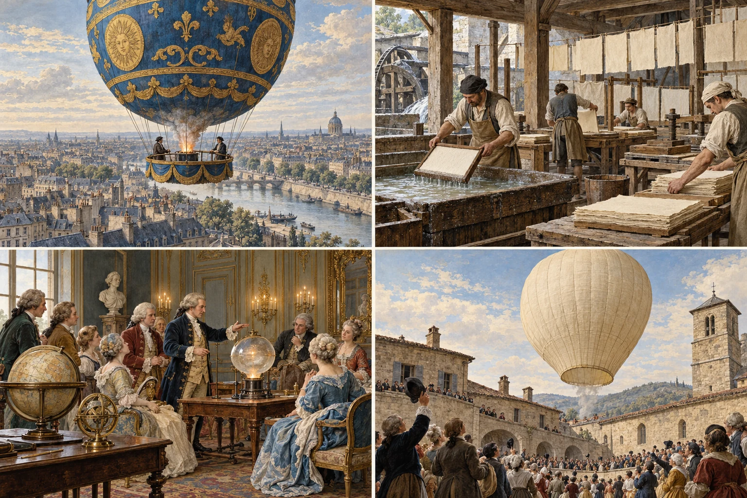Deux hommes au-dessus de Paris dans un ballon des Montgolfier.