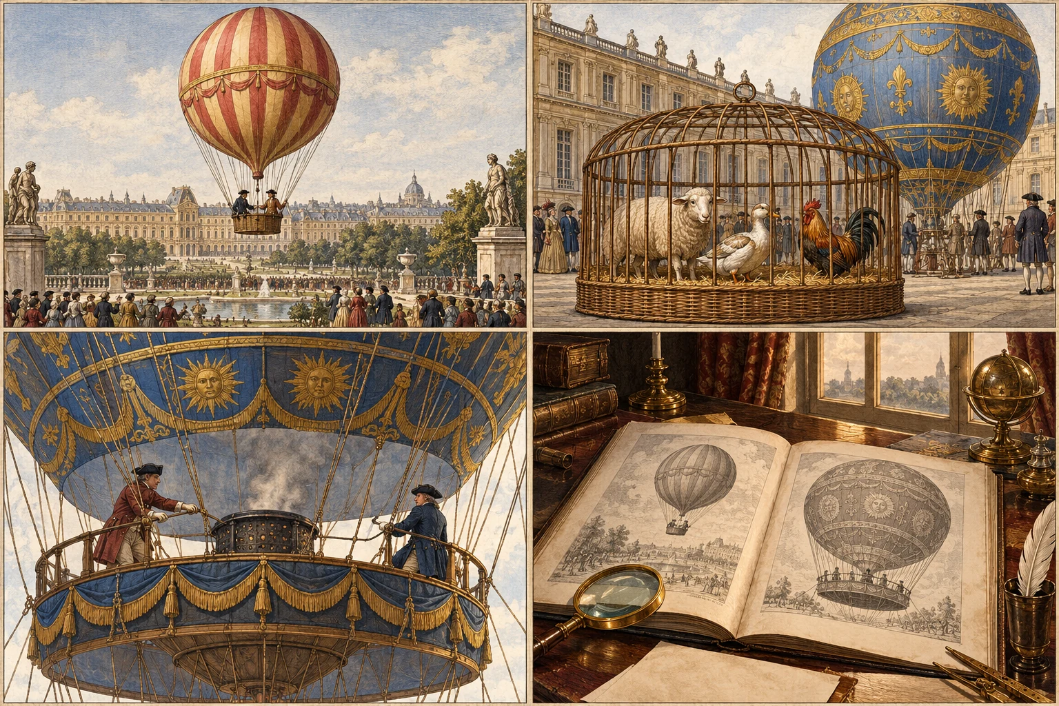 Un mouton, un canard et un coq dans une cage en osier à Versailles.