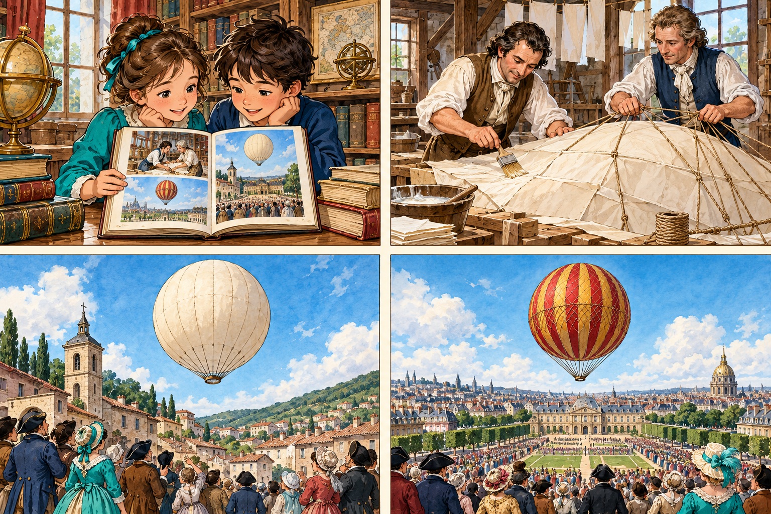 Des papetiers assemblent la toile et le papier d’un ballon.