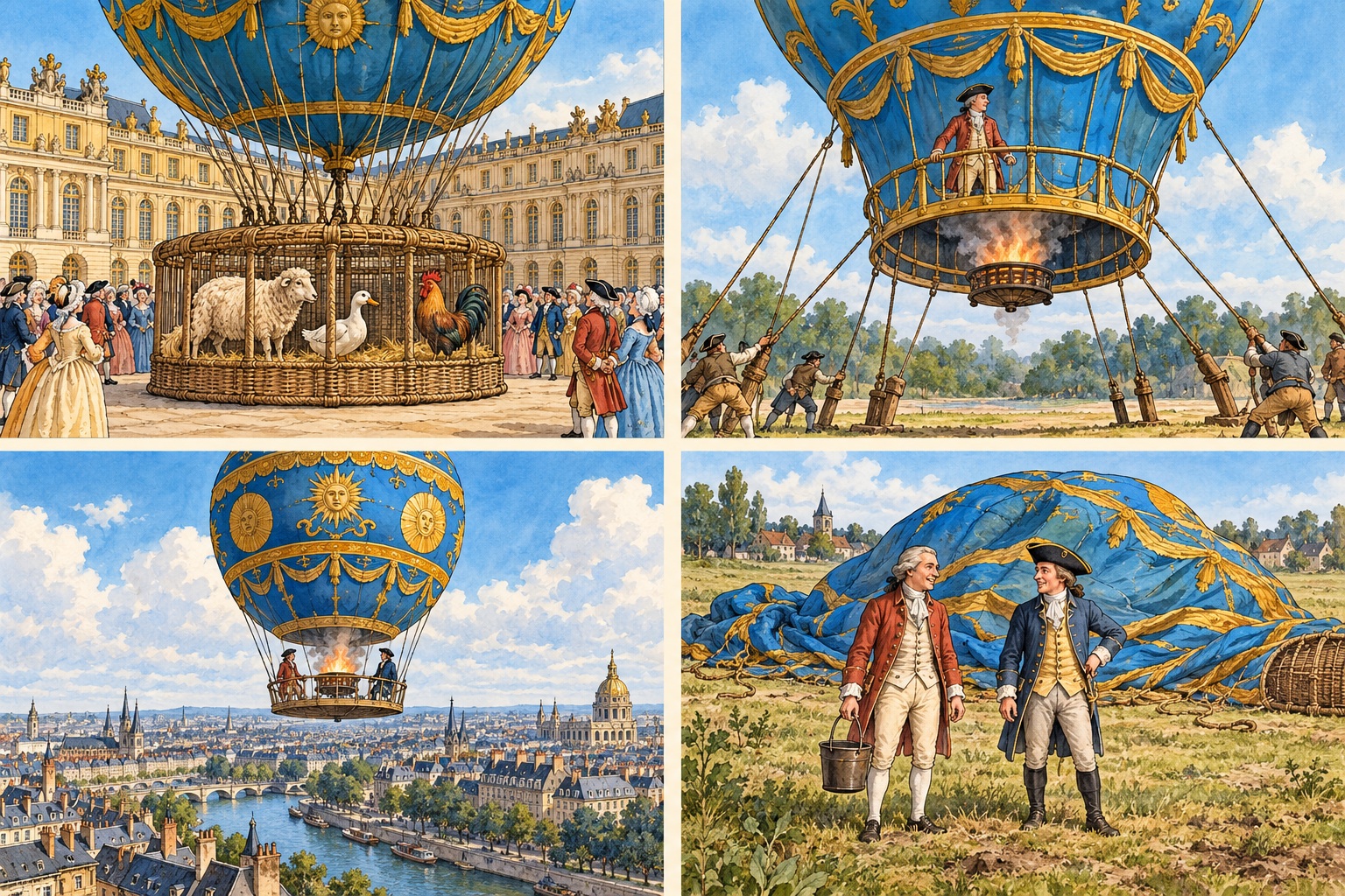 Un mouton, un canard et un coq dans une cage en osier à Versailles.