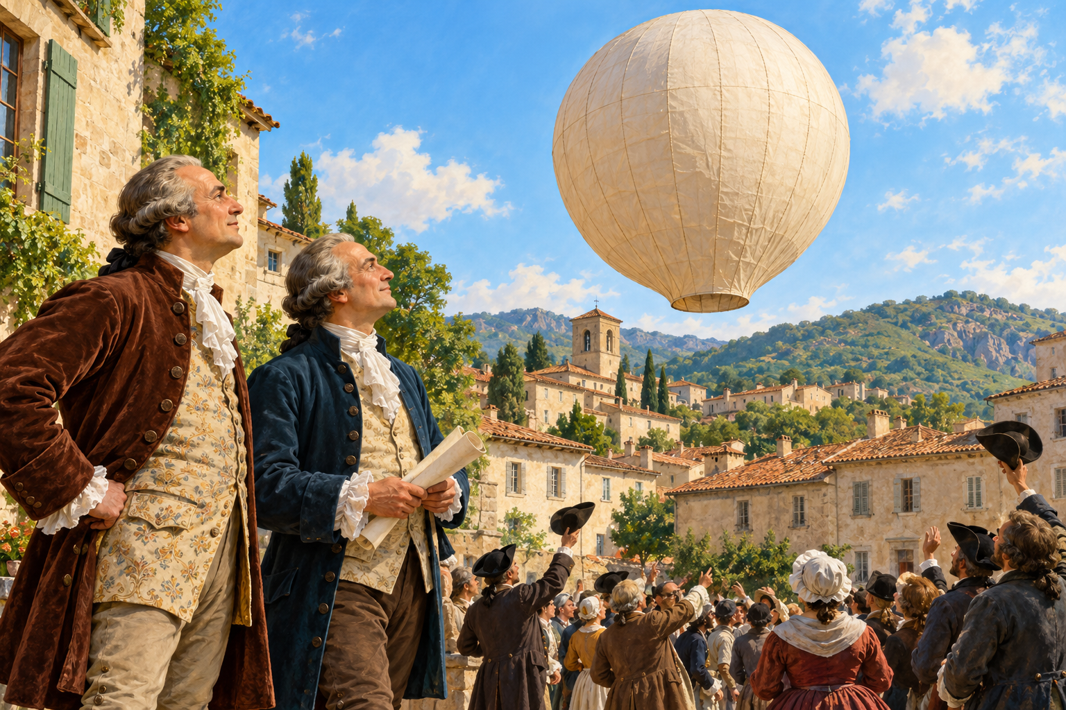 Deux inventeurs et une foule regardent un ballon sans passager s’élever à Annonay en 1783.
