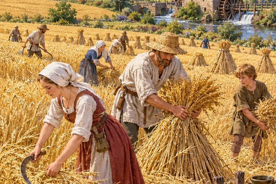 Illustration — UN VILLAGE À LA MOISSON · XIIIE SIÈCLE Ce qu’il reste d’une récolte