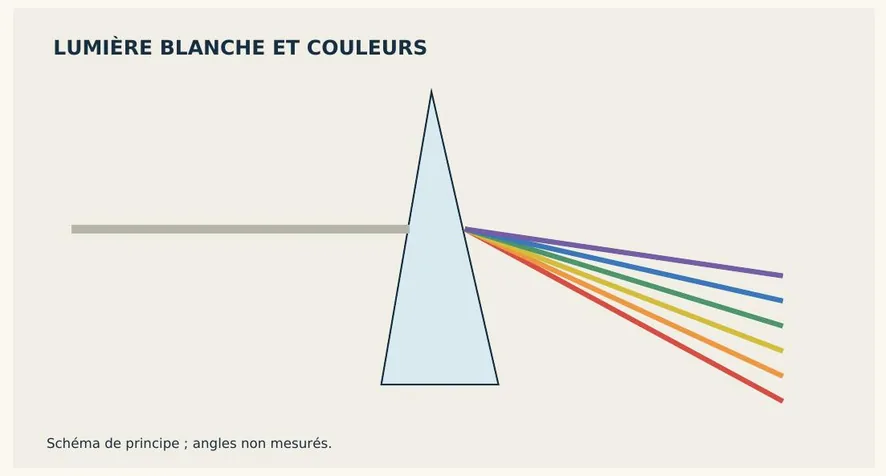 Schéma : lumière blanche traversant un prisme et se séparant en couleurs.