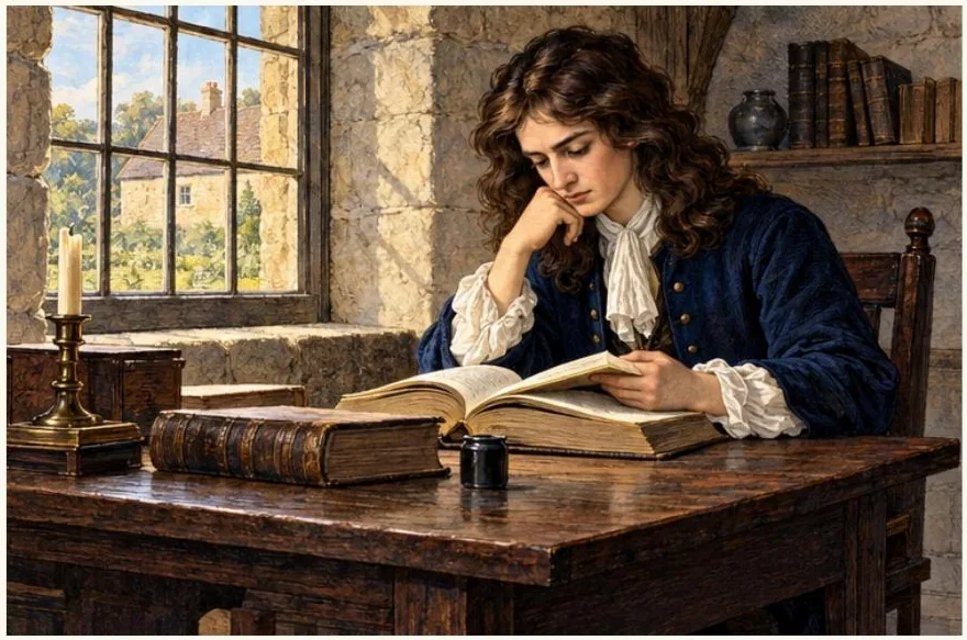 Isaac Newton jeune, penché sur un livre à son bureau.