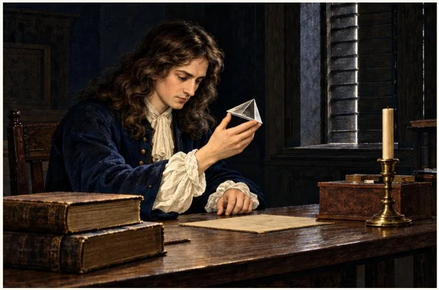 Newton examine un prisme de verre à son bureau.