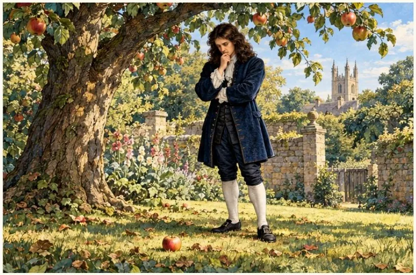 Newton sous un pommier, une pomme au sol.