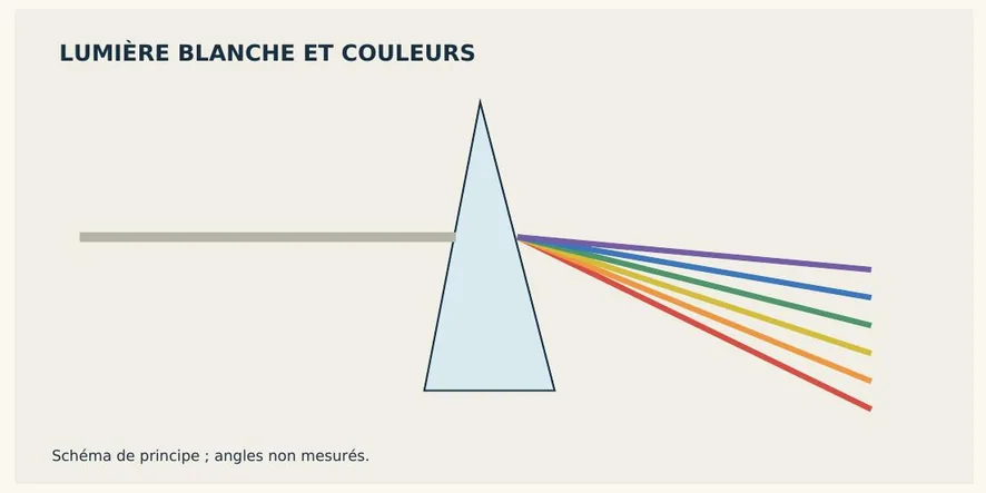 Schéma : lumière blanche traversant un prisme et se séparant en couleurs.