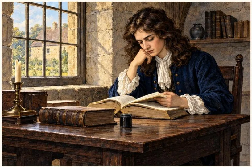 Isaac Newton jeune, penché sur un livre à son bureau.