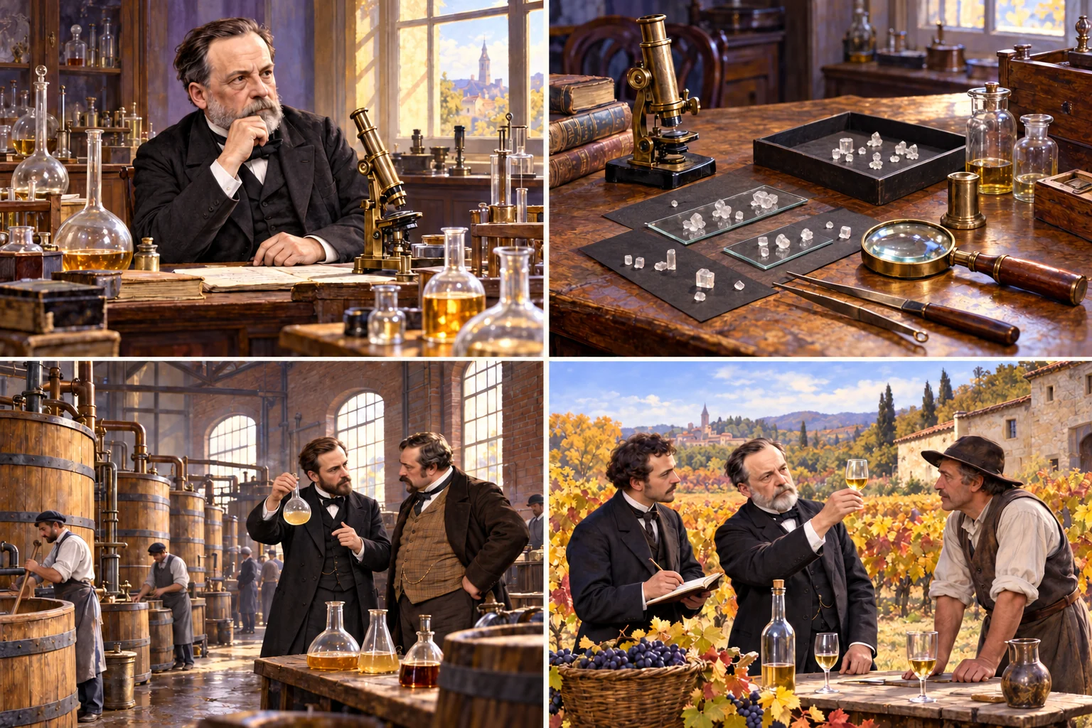 Pasteur dans son laboratoire, près de verrerie et d’un microscope ancien.