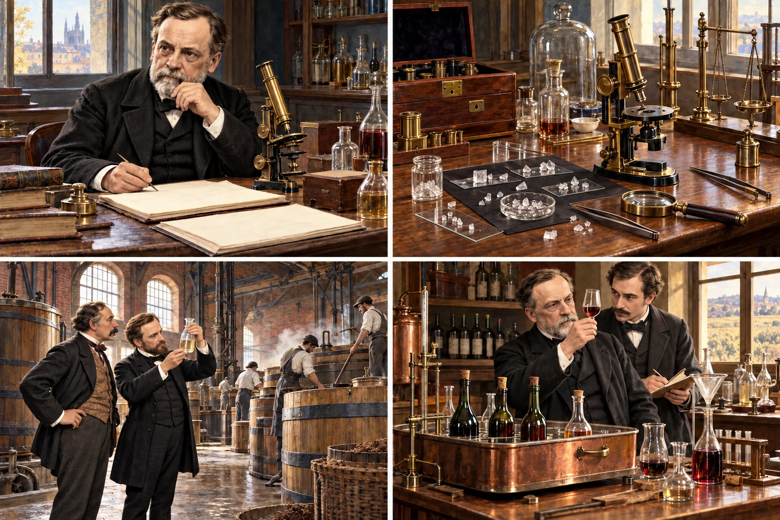Portrait de Pasteur à sa table de travail, devant un microscope en laiton.