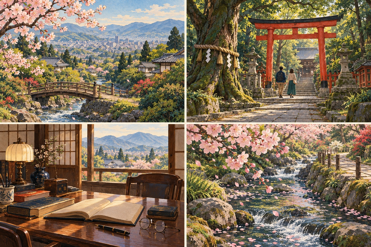 Un paysage japonais entre jardin, ville et montagnes.