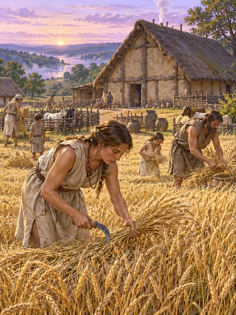 Illustration — NÉOLITHIQUE · EUROPE OCCIDENTALE Le village commence sous la terre