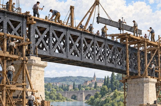 Illustration de la page « Un pont de métal rejoint les rives ».