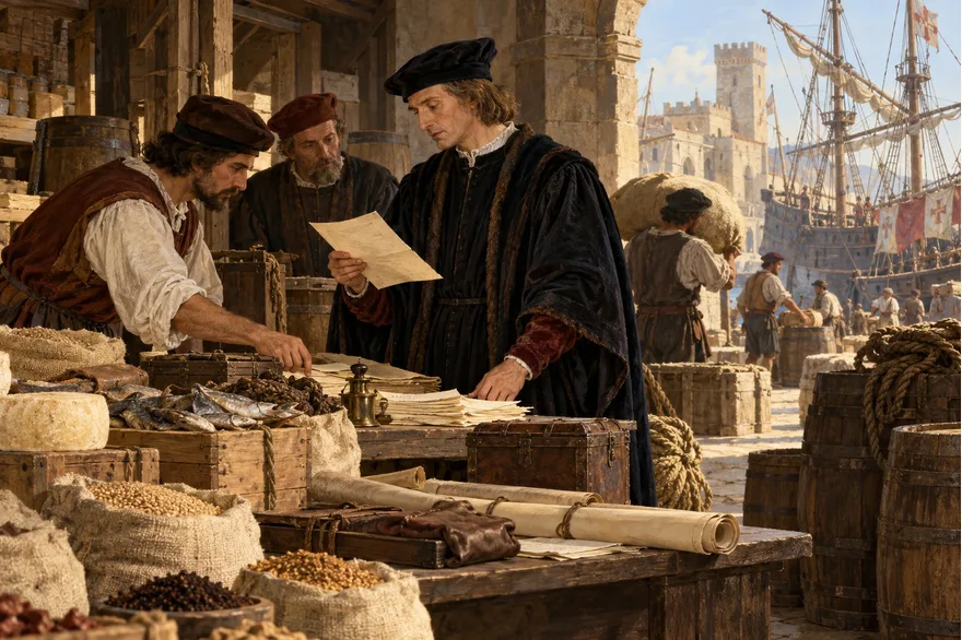 Illustration de la page « Un marchand regarde les cartes ».